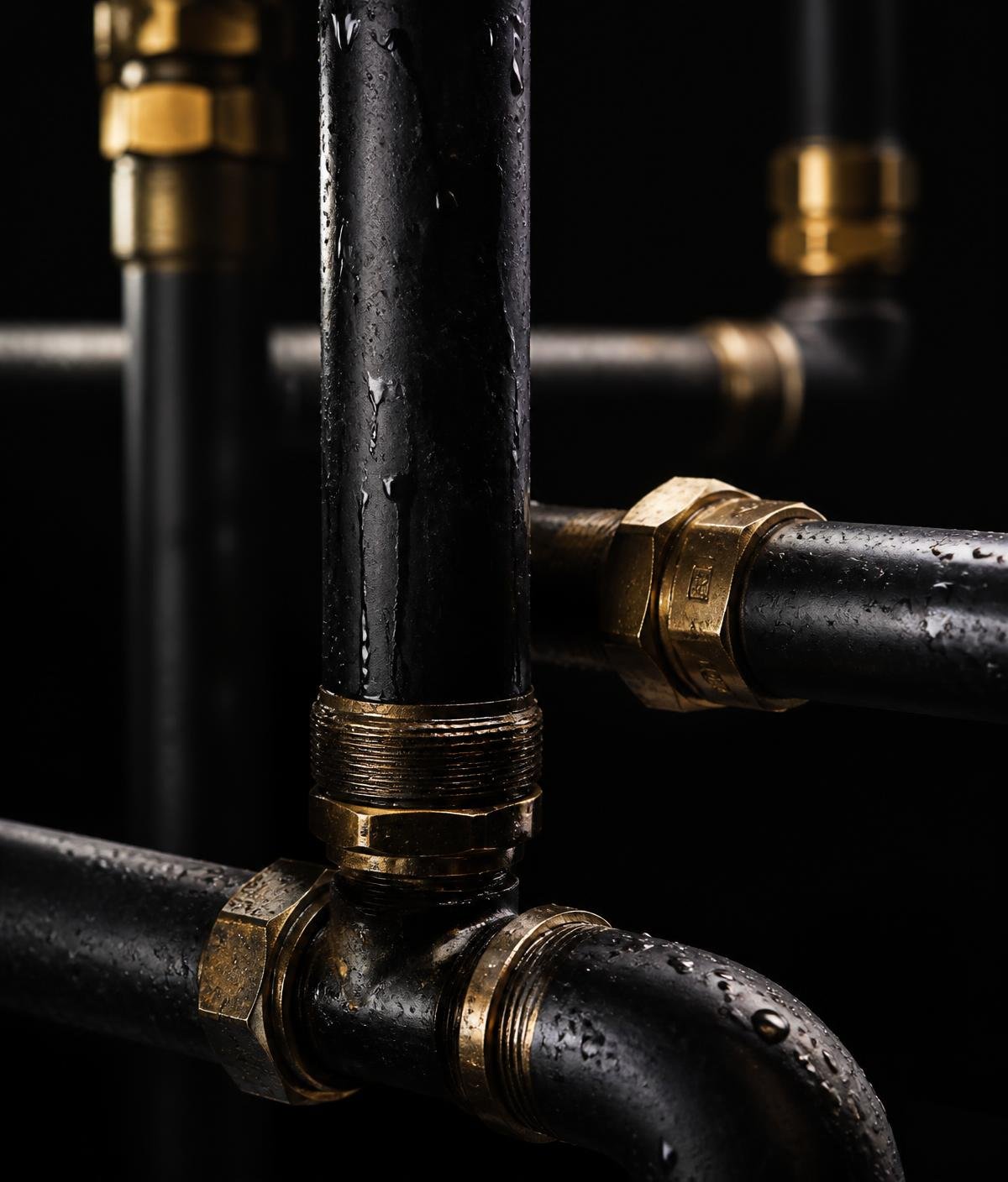 Tubulações metálicas escuras com conexões em latão dourado